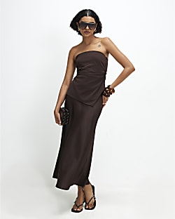 Brown Bandeau Hybrid Maxi Dress