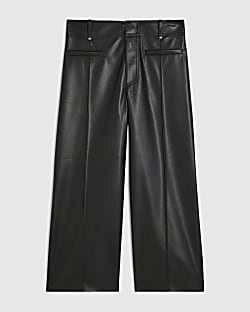 Petite Black Faux Leather Seam Crop Trousers