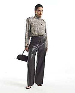 Petite Brown Faux Leather Crop Trousers