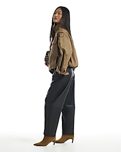 Petite Black Faux Leather Barrel Leg Trousers