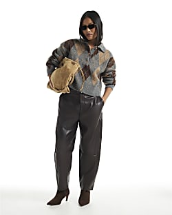 Petite Brown Faux Leather Barrel Leg Trousers