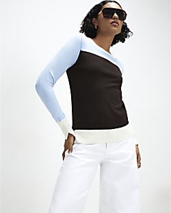 Brown Colour Blocked Knit Top