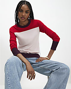 Pink Colour Blocked Knit Top