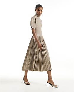Beige Pleat Hem Midi Dress