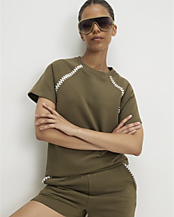 Khaki Cotton Blend Whipstitch Trim T-shirt