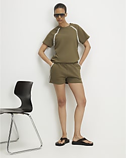 Khaki Cotton Blend Whipstitch Trim Shorts
