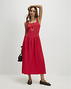 Red Textured Midi Dress