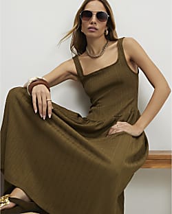 Khaki Textured Midi Dress