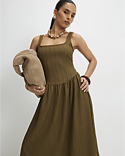 Petite Khaki Textured Midi Dress