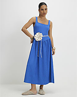 Petite Blue Textured Midi Dress