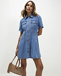 Blue Pleat Front Denim Dress