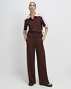 Brown Premium Blocked Wide Leg Trousers
