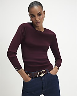 Burgundy Rib Knit Layered Trim Top
