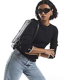 Black Cotton Rib Knit Layered Trim Top