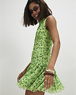 Green Sleeveless Ditsy Floral Mini Dress | River Island