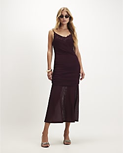 Red Lace Trim Drape Midi Dress