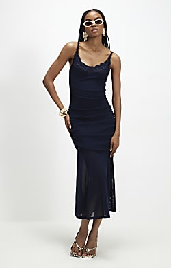 Navy Lace Trim Drape Midi Dress