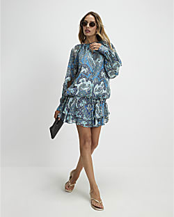 Blue Paisley Metallic Mini Dress