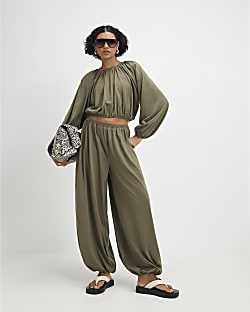 Khaki Cotton Blend Bubble Hem Trousers