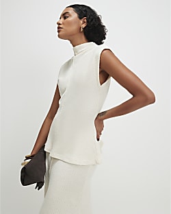 Cream Textured Grown On Neck Top