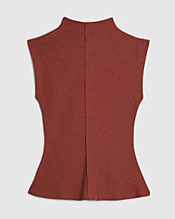 Petite Brown Textured Grown On Neck Top