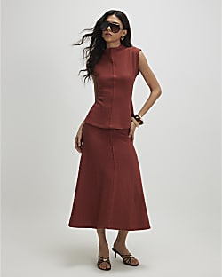 Brown Textured Full Skirt