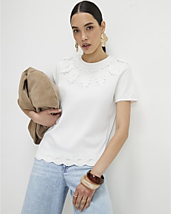 White Cotton Embroidered Trim T-Shirt