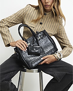 Black Lock Front Cross Body Tote Bag
