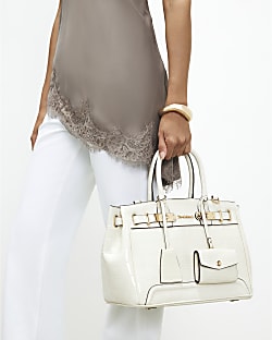 Cream Lock Front Crocodile Print Tote Bag