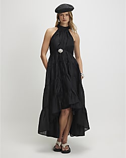 Black Halter Tiered Maxi Dress