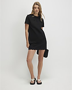 Black Cotton Embroidered Mini T-shirt Dress