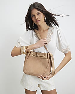 Beige Faux Suede Tassel Bucket Bag