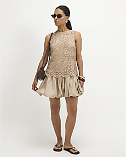 Petite Beige Crochet Hybrid Mini Dress