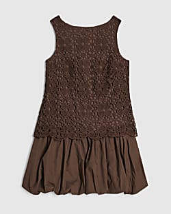 Petite Brown Crochet Hybrid Bubble Mini Dress