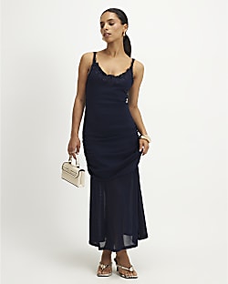 Petite Navy Lace Trim Drape Midi Dress