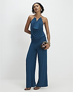 Blue Metal Trim Cowl Neck Jumpsuit