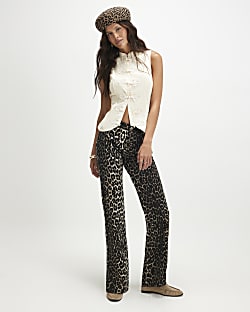 Black Leopard Print Slim Straight Leg Jeans
