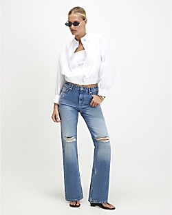 Blue 90s Slim Straight Leg Ripped Jeans