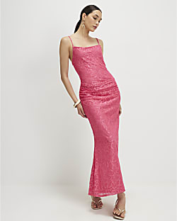 Pink Lace Drape Maxi Dress
