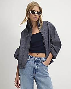 Blue Funnel Neck Bubble Hem Bomber Jacket