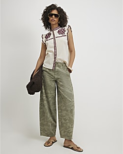 Cream Cotton Ruffle Embroidered Blouse