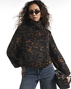 Brown Leopard Funnel Neck Cocoon Jacket