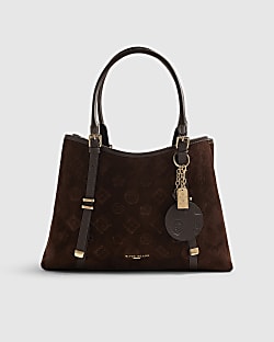 Brown Faux Suede Embossed Monogram Tote Bag