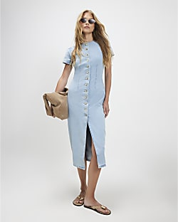 Blue Button Cap Sleeve Denim Midi Dress