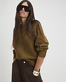 Green Cotton V Neck Jumper