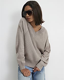 Beige Cotton V Neck Jumper