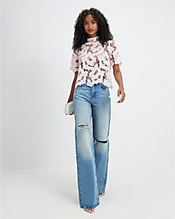 Pink Lace Short Sleeve Blouse