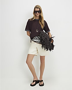 Brown Cotton Whipstitch Trim T-Shirt