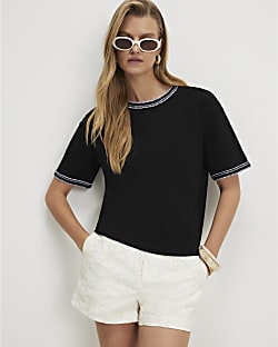 Black Cotton Whipstitch Trim T-shirt
