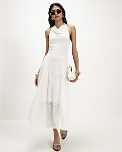 Cream Textured Halter Neck Midi Dress